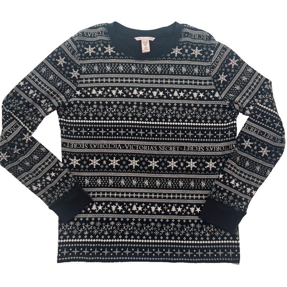 Victorias Secret Thermal Longsleeve Pajama Sleep Set Black White Fair Isle Large - Picture 3 of 11